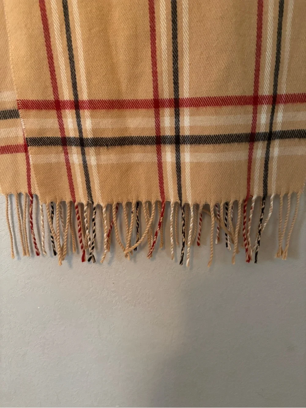 Made In ITALY Beige Plaid Fringe Scarf with Red and Black Accents